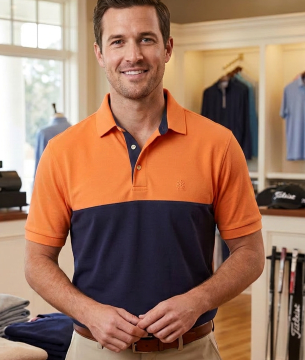IZOD Golf Polo Shirt Mens M Orange Navy Colorblock Performance Moisture Wicking